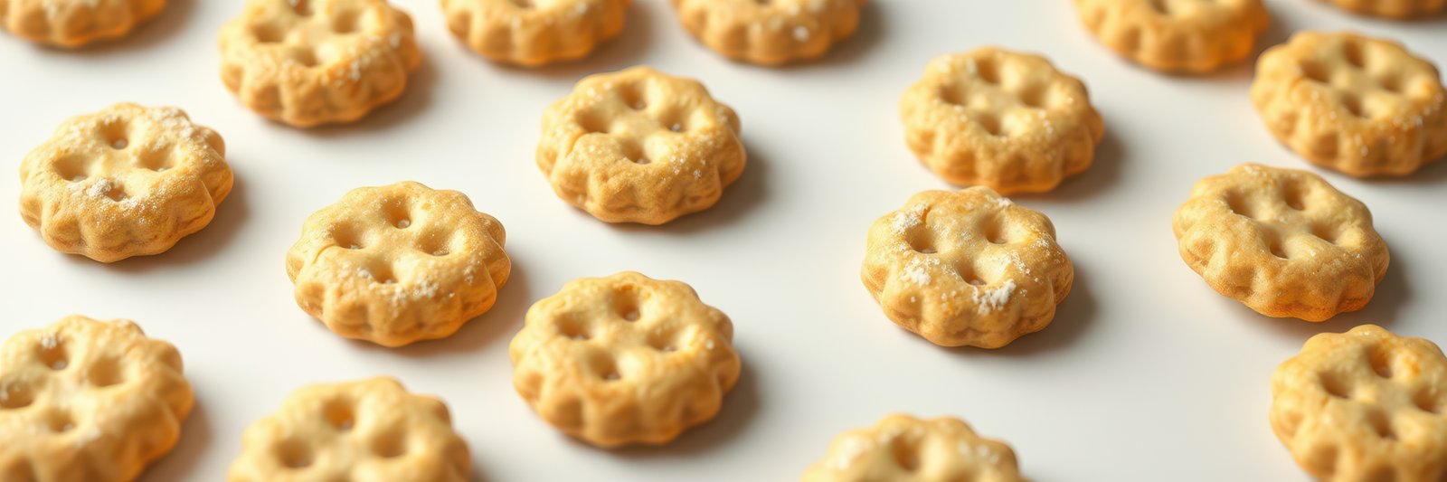 Deliciously baked round cookies arranged neatly on a white surface with a golden color for an appealing treat